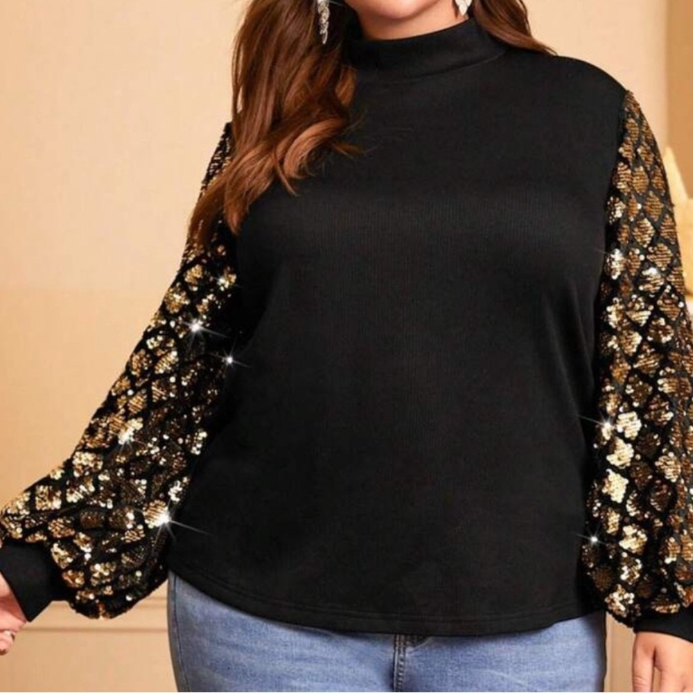 SHEIN Curve Black Top with Gold Sequin Sleeves 5XL
